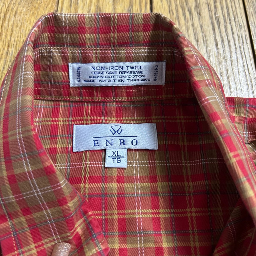 Enro Mens XL Red Tan Plaid Non-Iron Twill Long Sleeve Button Down Shirt Cotton - Picture 3 of 3